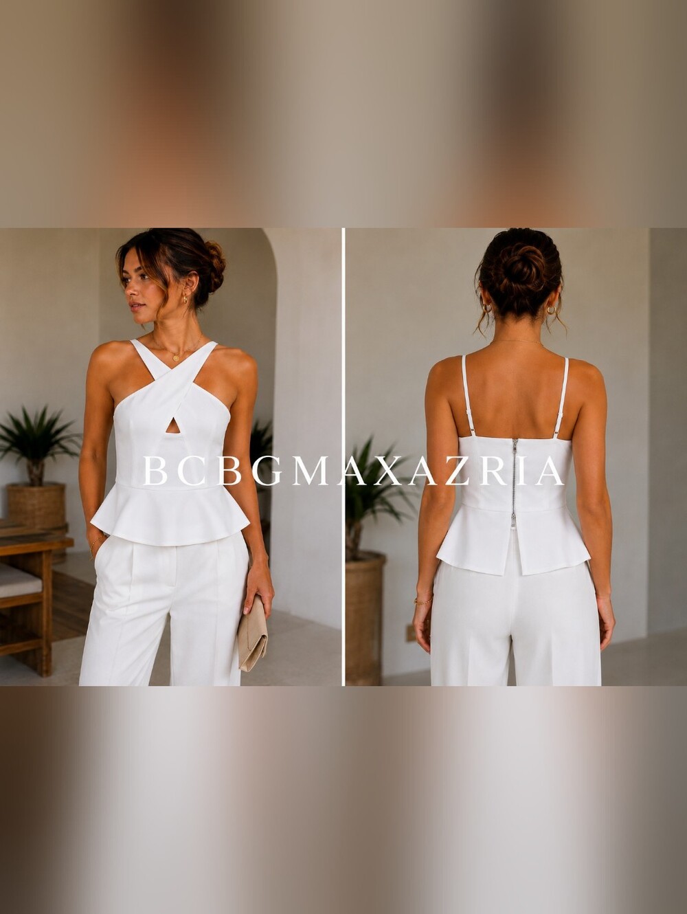 BCBGMAXAZRIA White Criss Cross Peplum Top Size M  Adjustable Straps